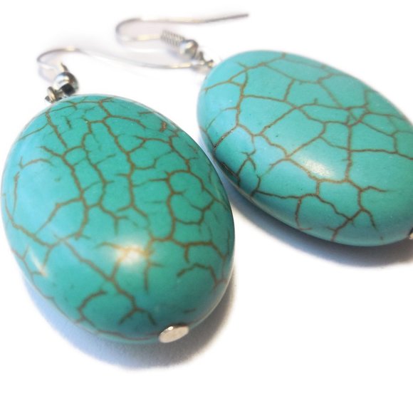 Earrings Natural Turquoise Dangle Oval Jewerly - Picture 1 of 7